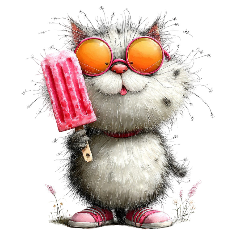 fluffy cat, orange sunglasses, pink popsicle, whimsical, playful, summer, ice cream, cute animals, cartoon style, hot pink, coral orange, black and white, novelty print, children's fabric, quirky, fun, humorous, contemporary, colorful, striped sneakers, character panel, graphic design, vibrant colors, pop art, playful animals, summer vibes, bold graphics, artistic illustration