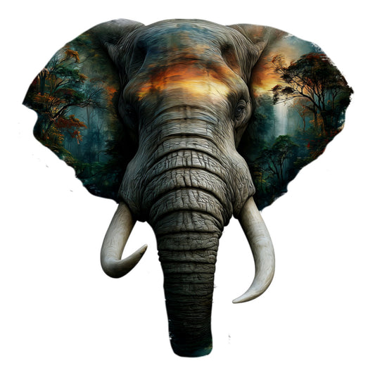 elephant, wildlife, safari, forest, jungle, animals, nature, woodland, double exposure, artistic, boho, bohemian, earth tones, teal, golden orange, warm sunset, burnt orange, deep green, tusks, majestic, landscape, scenic, double exposure art, contemplative, elegant, modern, wall hanging, large scale print, statement fabric
