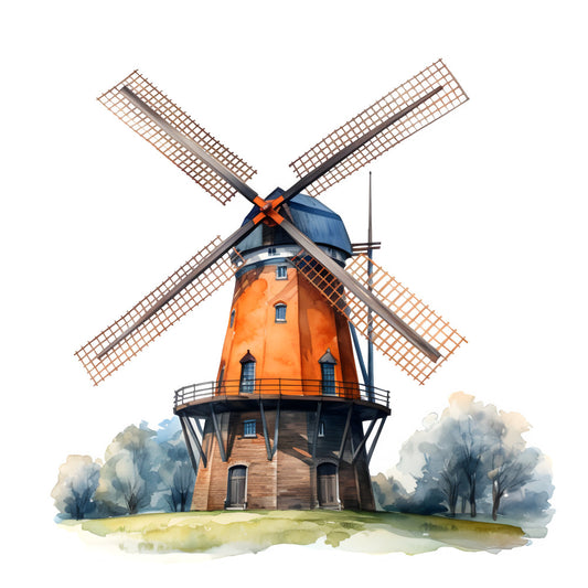 windmill, dutch windmill, orange, navy blue, cream, sage green, landscape, countryside, European, traditional, farmhouse, rustic, vintage, pastoral, architectural, building, nature scene, trees, scenic, watercolor, illustration, heritage, folk art, cottage core, picturesque, quaint, charming, wall hanging, home decor
