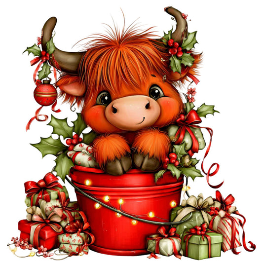 orange, red, cream, forest green, whimsical, holiday, christmas, farmhouse, highland cow, cattle, animals, festive, decorative, rustic, traditional, cute, charming, gifts, presents, holly, berries, ribbons, bows, ornaments, winter, season, large scale print, novelty, country
