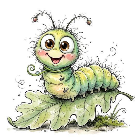 lime green, yellow-green, sage green, cream, brown, whimsical, caterpillar, nature, spring, garden, insects, ladybugs, leaves, cute, children's, playful, quirky, storybook, illustrated, charming, fantasy, woodland, organic, childlike, animal theme, decorative panel, nursery, baby, contemporary illustration