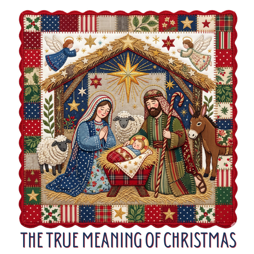 nativity scene, christmas, religious, holiday, jesus, mary, joseph, baby jesus, manger, angels, shepherds, star of bethlehem, nativity animals, sheep, donkey, traditional, vintage, rustic, elegant, spiritual, gold stars, navy blue, forest green, cream, red, plaid, striped, floral border, patchwork border, heavenly