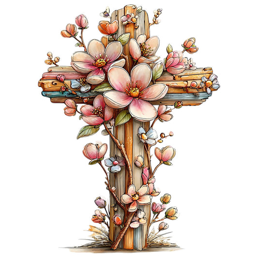 wooden cross, pink flowers, peach blossoms, coral petals, cream colors, brown wood grain, floral vines, botanical design, rustic cross, spring flowers, magnolia blooms, flowering branches, fabric panel, quilting cotton, watercolor style, religious motif, easter theme, soft pastels, nature elements, flowering cross