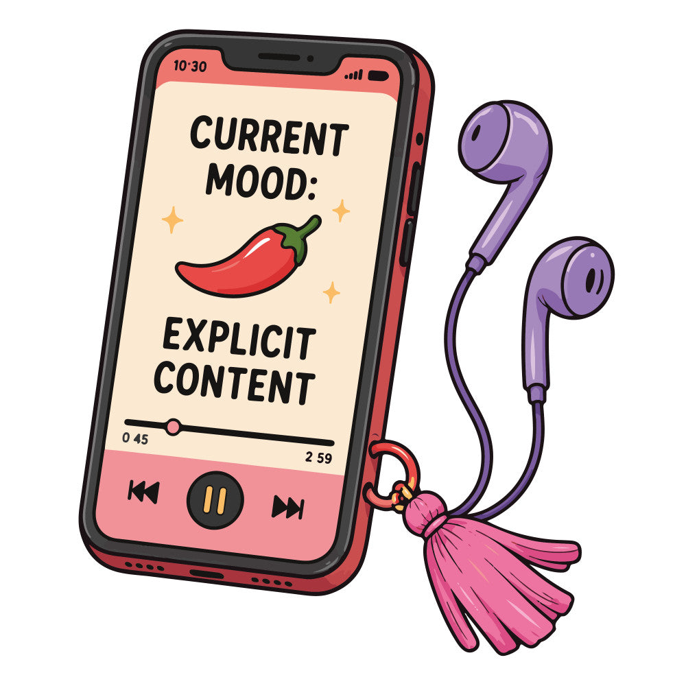 coral pink, purple, cream, red chili pepper, music player, earbuds, smartphone, whimsical, humorous, funny, modern, pop culture, music themed, spicy mood, explicit content, emoji style, playful, contemporary, trendy, tech accessories, purple earbuds, pink tassel, novelty, quirky, edgy humor, music lover, teen style, bold graphics, illustration art, statement print