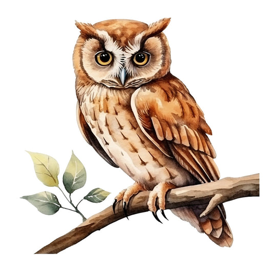 watercolor owl, brown owl, amber eyes, tree branch, green leaves, nature scene, bird illustration, rustic browns, cream colors, soft painting, wildlife art, fabric panel, quilting cotton, woodland theme, perched owl, detailed feathers, natural tones, artistic rendering, crafting material, sewing panel