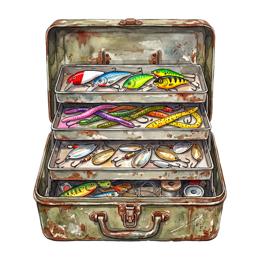 fishing, fishing lures, tackle box, vintage, rustic, nostalgic, retro, hobby, sport, nautical, multi-color, red, blue, yellow, green, purple, orange, gold, silver, whimsical, novelty, masculine, outdoor, adventure, collectible, detailed illustration, men's, hobbies and sports