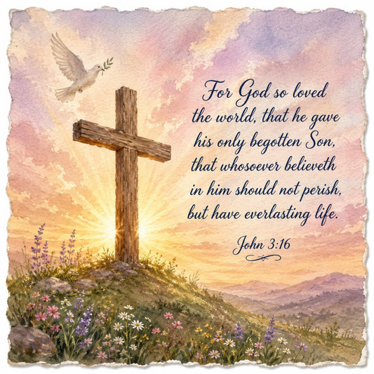 religious, spiritual, faith, christian, cross, dove, john 3:16, scripture, bible verse, inspirational, motivational, peaceful, serene, landscape, nature, flowers, wildflowers, sunrise, golden yellow, dusty rose, soft pink, lavender purple, watercolor, painted, artistic, elegant, traditional, vintage, pastoral, countryside