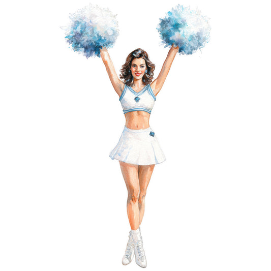 cheerleader, blue and white, sky blue, powder blue, white, watercolor, sports, athletic, dance, pom poms, retro, vintage, 1950s, portrait, figure, woman, girl, feminine, elegant, whimsical, fashion, glamour, school spirit, cheerleading uniform, performance, entertainment, novelty, illustrative, artistic, costume