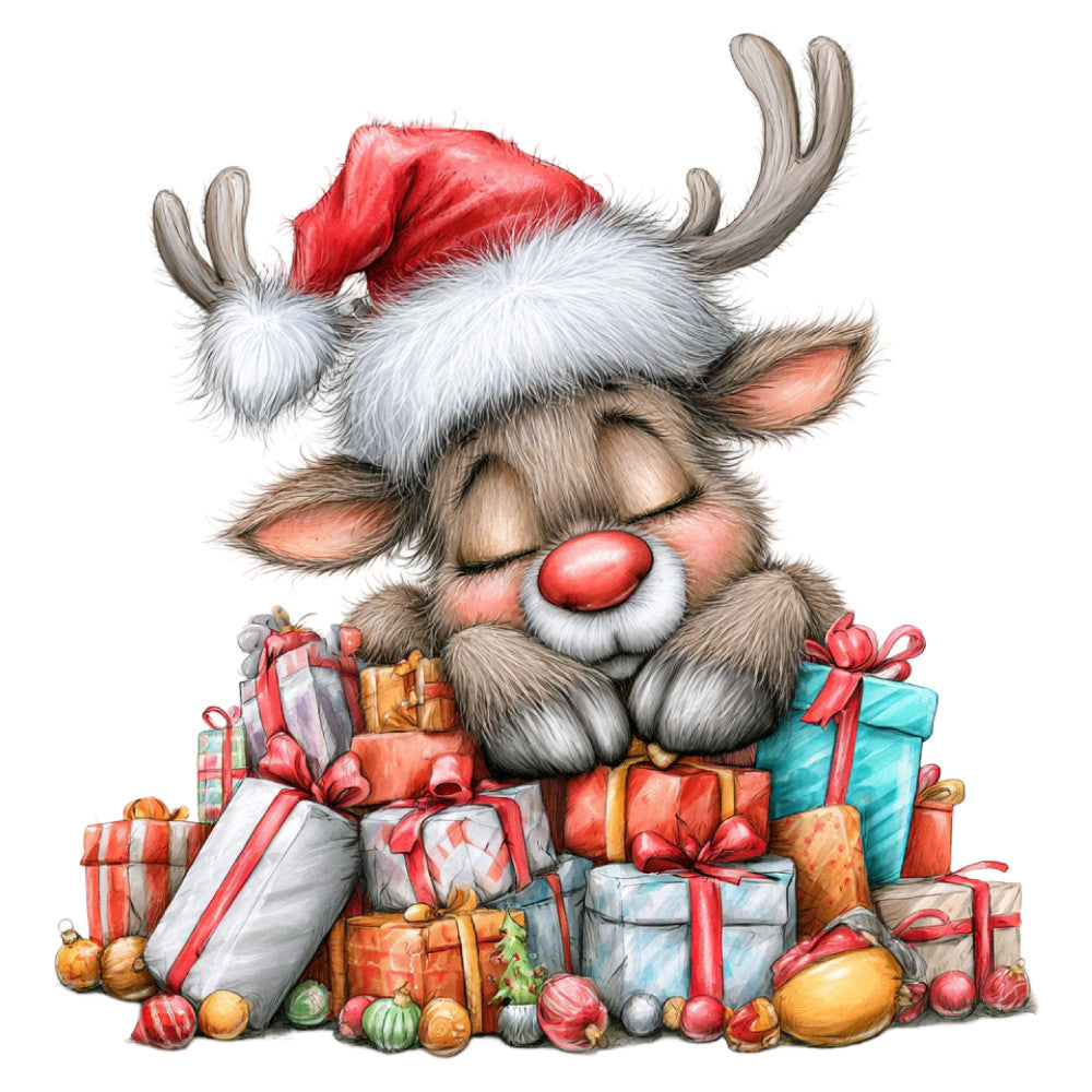 reindeer, christmas, holiday, red, white, cream, brown, tan, beige, coral pink, gold, turquoise, whimsical, festive, cute animals, gift boxes, presents, seasonal, winter, christmas reindeer, nose, antlers, santa hat, jolly, cheerful, children's, playful, traditional, decorative