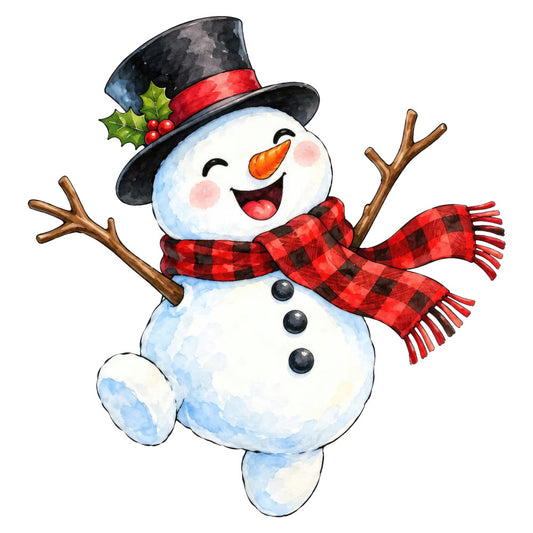snowman, christmas, holiday, winter, festive, red plaid, buffalo plaid, black top hat, carrot nose, cheerful, whimsical, jolly, snow, seasonal, christmas decoration, vintage style, rustic, traditional, happy face, joyful expression, branch arms, holly leaves, red berries, red scarf, plaid pattern, black and red, cream white, winter wonderland, festive cheer, children's