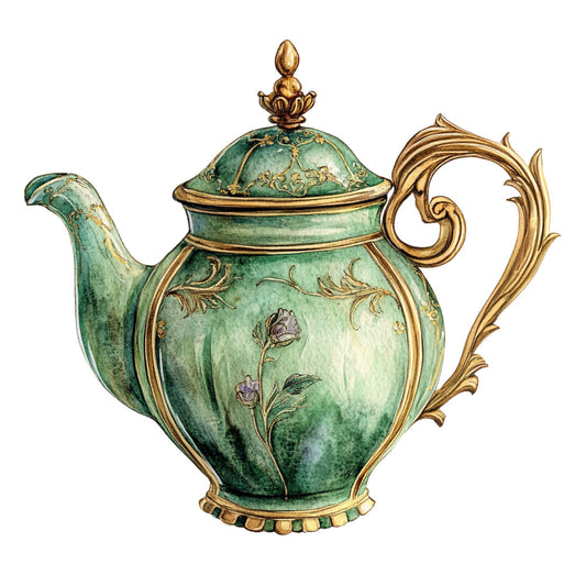 sage green, teal green, gold, brass, floral, vintage, elegant, botanical, roses, ornate, decorative, baroque, luxury, teapot, tableware, spring, classic, traditional, nature, garden, romantic, delicate, cottage core, antique, damask, scrollwork, brass accents, pale pink flowers, ornamental handle, sophisticated