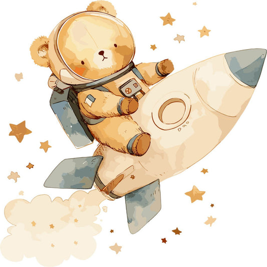 teddy bear astronaut, space theme, celestial, stars, rocket ship, tan, cream, soft gold, sage green, dusty blue, whimsical, nursery, baby, children's, animal, adorable, cute, dreamy, clouds, adventure, explorer, vintage, soft colors, gender neutral, baby quilt, wall hanging, crib bedding, storybook, wonder, exploration