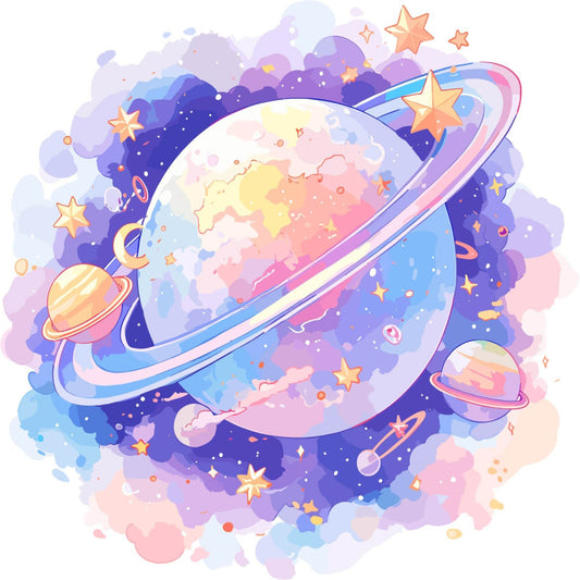 pastel purple, soft pink, pale yellow, sky blue, lavender, coral orange, whimsical, celestial, space theme, planets, stars, moon, dreamy, fantasy, magical, children's, nursery, baby, cosmic, galaxy, rainbow ring, floating planets, golden stars, clouds, soft pastels, modern illustration, storybook, bedtime theme