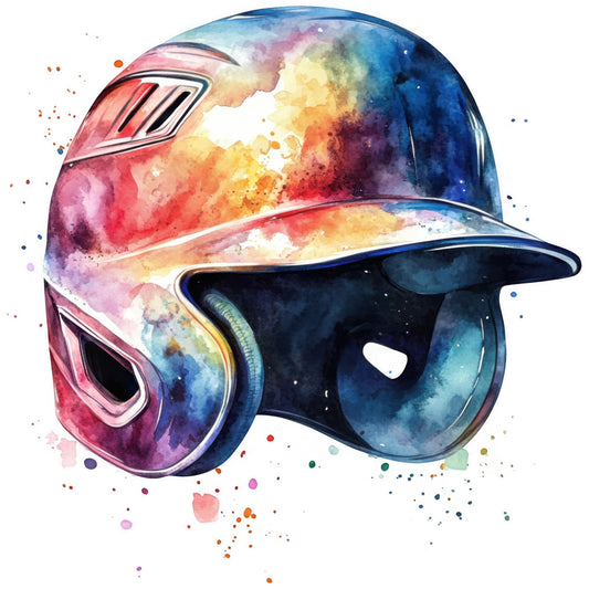 baseball helmet, sports, watercolor, abstract, colorful, rainbow, multi-color, coral pink, red, orange, yellow, blue, navy blue, purple, magenta, artistic, modern, whimsical, splatter paint, ink wash, gradient, boys, masculine, sports fan, athletic, vibrant, contemporary art, decorative, wall hanging, apparel