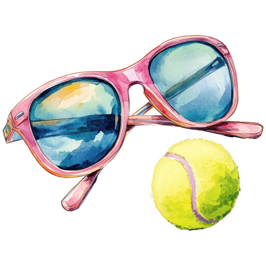 pink sunglasses, yellow tennis ball, summer, sports, whimsical, playful, bright yellow, hot pink, coral pink, sky blue, ocean blue, navy blue, beach theme, vacation, fun, colorful, retro, vintage, illustrated, graphic, children's, kids, casual, modern, cheerful, athletic, outdoor recreation, resort wear, tropical vibes