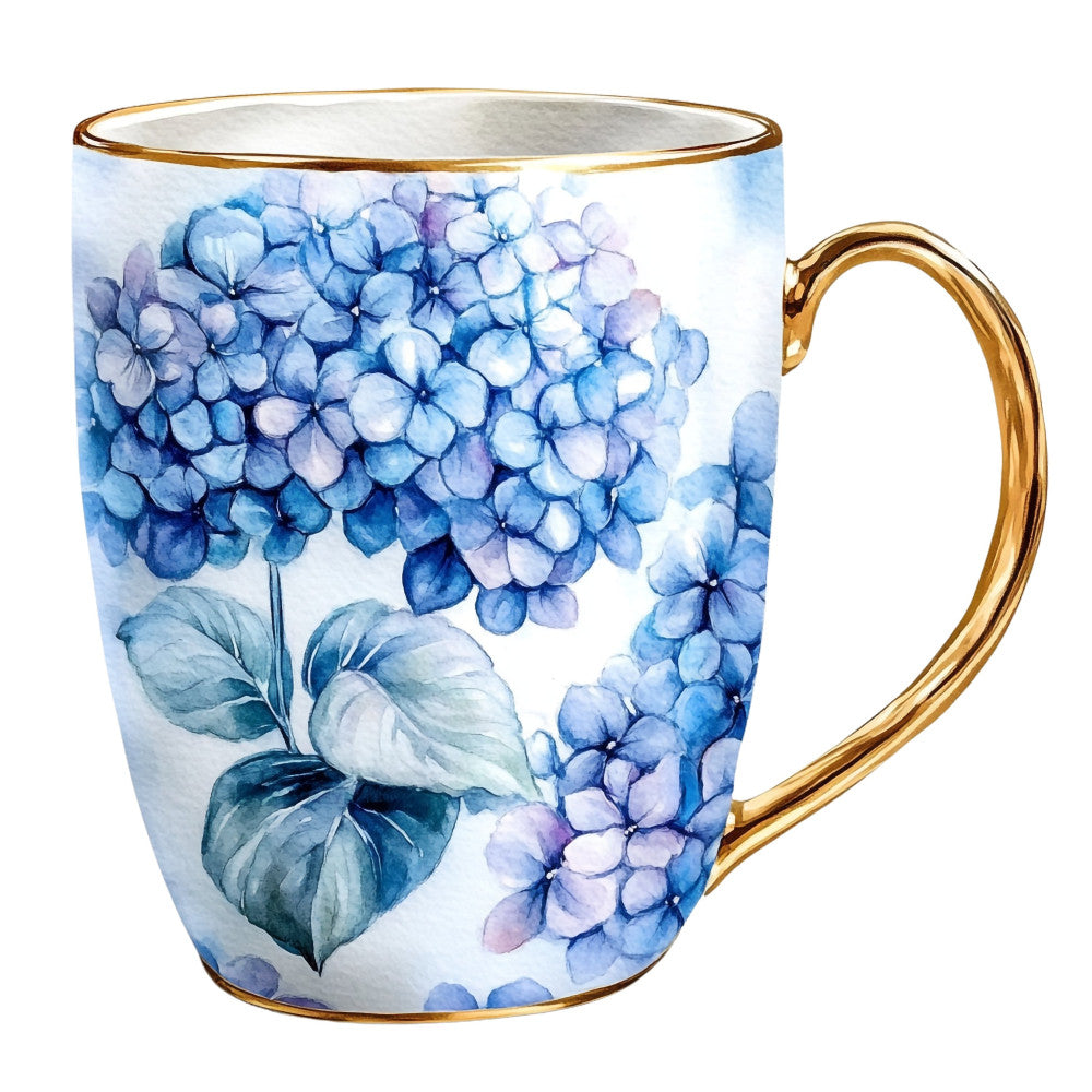 blue hydrangea, periwinkle blue, lavender purple, watercolor floral, botanical, nature, elegant, vintage, garden flowers, hydrangea blooms, delicate flowers, spring flowers, summer flowers, traditional, romantic, blue and white, gold trim, decorative mug, home decor, timeless design, classical floral, soft colors, painted flowers, botanical illustration, cottage style, blue florals, purple accents, multi-floral, clustered flowers, leaf motifs