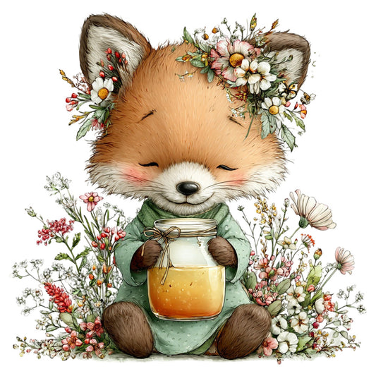 fox, woodland animals, flowers, floral, nature, whimsical, sweet, cute, children's, baby, sage green, cream, tan, rust, coral pink, red berries, daisies, wildflowers, gentle, nurturing, honey jar, spring, summer, cottage core, vintage botanical, illustrated, storybook, soft colors, animal friends, forest creatures