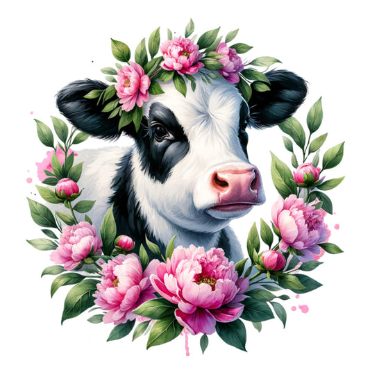 black and white cow, pink peonies, purple flowers, green leaves, floral wreath, watercolor style, farm animal, holstein cow, botanical design, fabric panel, quilting cotton, spring flowers, pastel colors, whimsical art, country theme, flower crown, soft pastels, decorative panel, cow portrait, blooming flowers