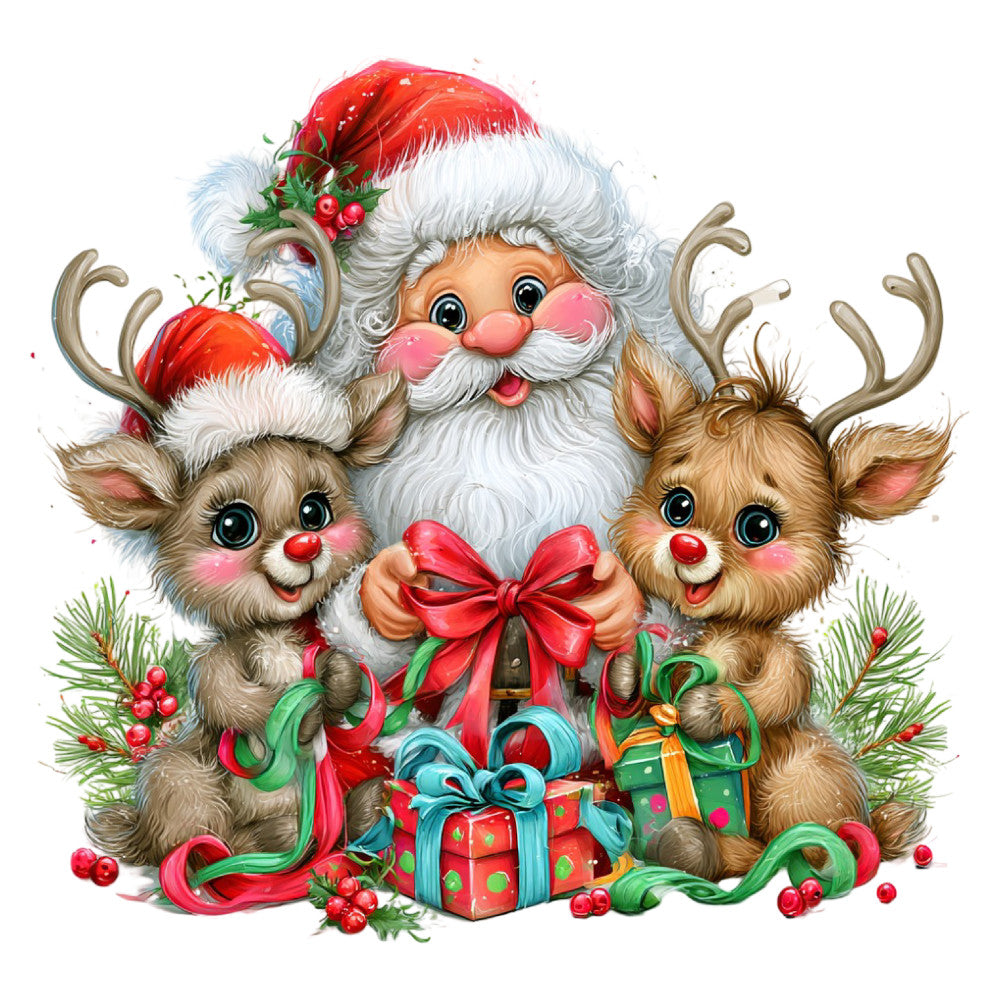 santa claus, reindeer, christmas, holiday, red, white, cream, forest green, gold, tan, brown, festive, whimsical, cute, jolly, vintage, traditional, retro, decorative panel, wall hanging, christmas quilt, children's, playful, animals, gift giving, bows, holly berries, pine branches, candy cane, nostalgic
