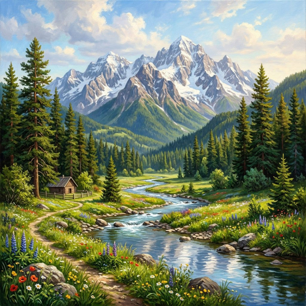 mountain landscape, snow-capped peaks, alpine scenery, forest green, evergreen trees, coniferous forest, wildflowers, meadow, stream, river, cabin, nature, scenic, outdoor, rustic, traditional, landscape, blue lupine, red poppies, white daisies, pristine wilderness, valley, majestic mountains, peaceful retreat, pastoral, cottage core, hiking, adventure, wall hanging, home decor