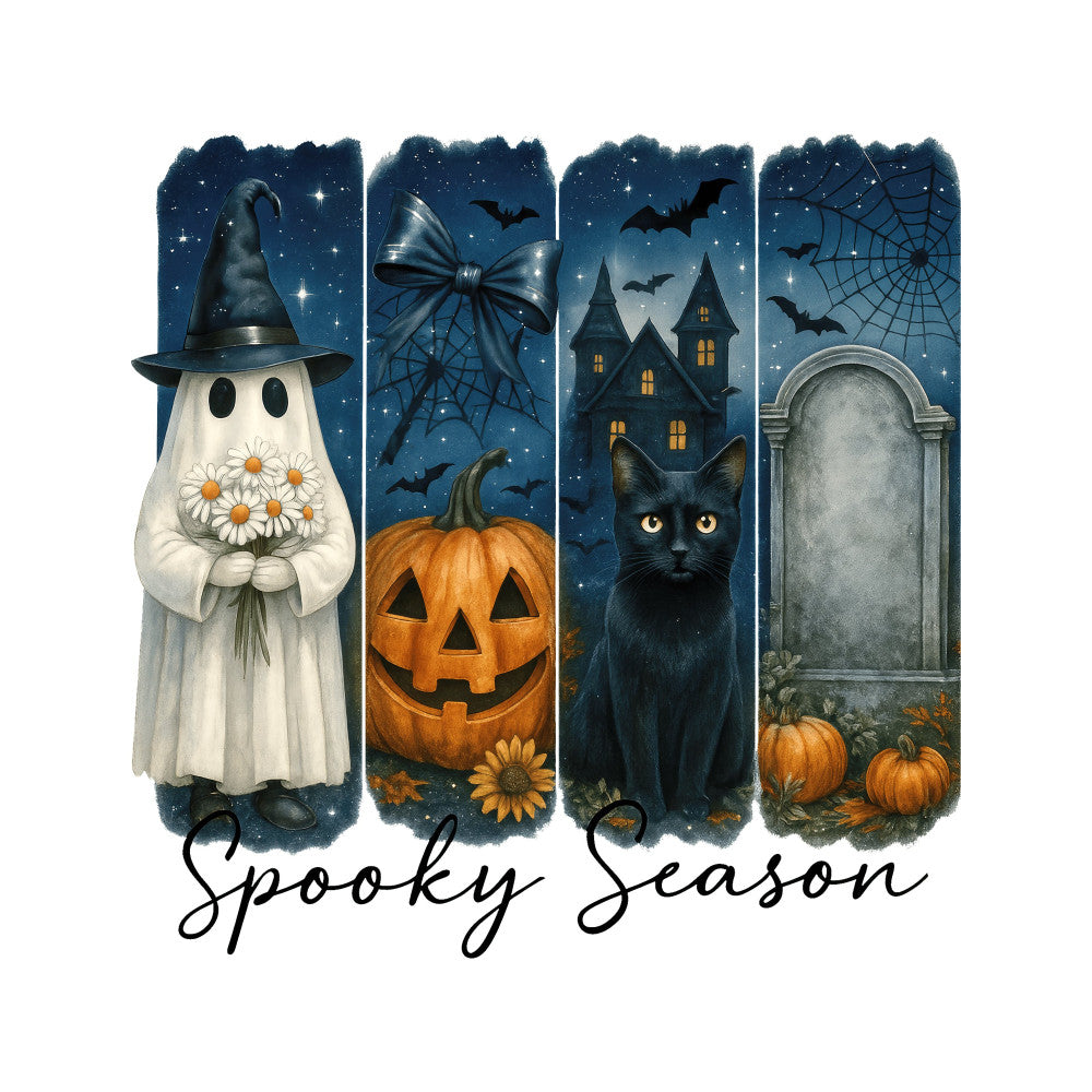 spooky season, halloween, autumn, fall, night sky, stars, witch hat, ghost, jack-o-lantern, pumpkin, black cat, haunted house, cemetery, gravestone, bats, spider web, daisies, sunflowers, orange, navy blue, white, dark blue, whimsical, spooky, festive, seasonal, horror, gothic, mystical, vintage halloween