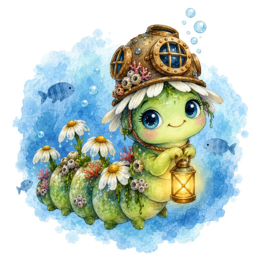 whimsical, steampunk, underwater, nautical, lime green, sky blue, soft blue, yellow gold, coral pink, white, creature, fantasy, magical, adorable, cute, pear-shaped character, diving helmet, vintage airship, flowers, daisies, corals, fish, bubbles, lantern, gears, brass, ocean theme, children's, baby, storybook
