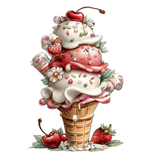 ice cream cone, strawberry, cherry, whimsical, dessert, food, sweet treats, floral, daisies, roses, cream white, coral pink, dusty rose, red, vintage, spring, summer, playful, adorable, children's, novelty, botanical, fruit, berries, decorative, feminine, cottage core, charming, embellished