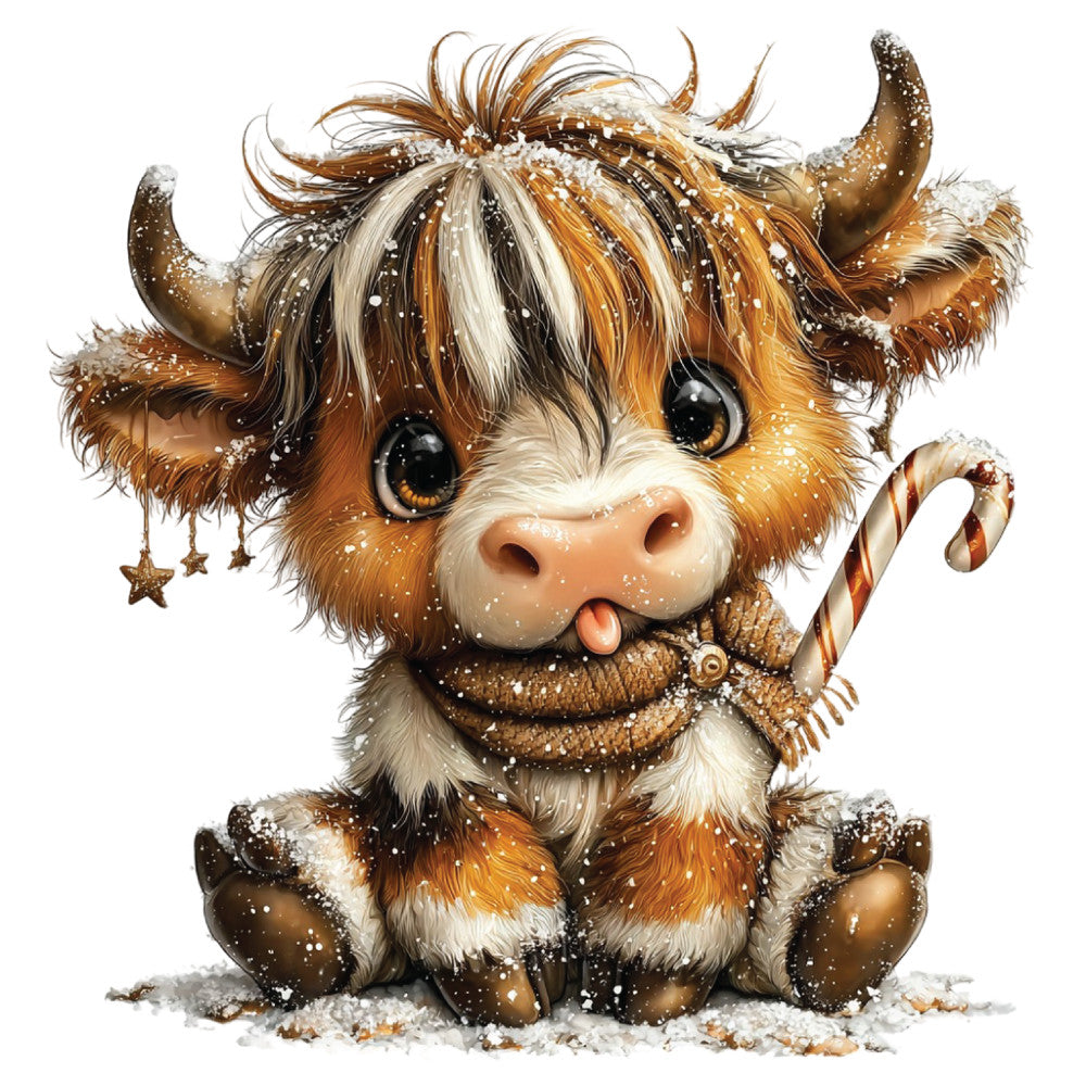 christmas highland cow, fabric panel, brown fur, cream white, orange accents, snow covered, candy cane, knitted scarf, big eyes, cute cartoon, winter scene, holiday themed, quilting cotton, festive design, fluffy texture, seasonal print, whimsical illustration, craft fabric, sewing panel, adorable animal