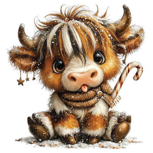christmas highland cow, fabric panel, brown fur, cream white, orange accents, snow covered, candy cane, knitted scarf, big eyes, cute cartoon, winter scene, holiday themed, quilting cotton, festive design, fluffy texture, seasonal print, whimsical illustration, craft fabric, sewing panel, adorable animal