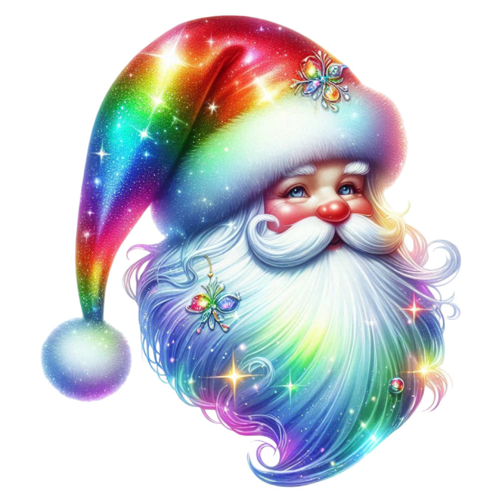 rainbow, multicolor, gradient, christmas, holiday, santa, santa claus, whimsical, magical, festive, jolly, sparkle, glitter, shimmery, iridescent, stars, celestial, fantasy, enchanted, joy, cheerful, bright, vibrant, red, blue, green, purple, gold, silver, novelty
