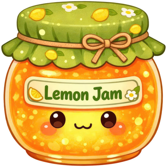 lemon jam, cute jar, kawaii, whimsical, spring, summer, yellow, orange, lime green, sage green, cream, food themed, kitchen, jam jar, happy face, smiling character, nature inspired, floral accents, daisies, lemons, cottage core, playful, cheerful, kids fabric, children's, novelty print, food print, anthropomorphic, illustrated, pastel tones