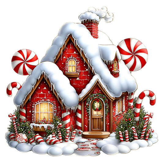 gingerbread house, christmas, holiday, red and white, candy cane, peppermint, snow, winter, whimsical, festive, seasonal, children's, storybook, gingerbread, candy striped, wreath, traditional, vintage christmas, fairy tale, decorative, magical, snowy, cream white, candy motif, chimney, cottage, cheerful, yuletide, christmas decoration