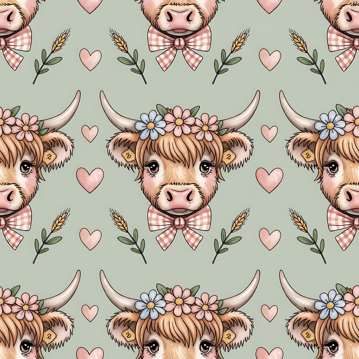 Highland Cow Heads Pattern 13 Quilting Cotton Fabric