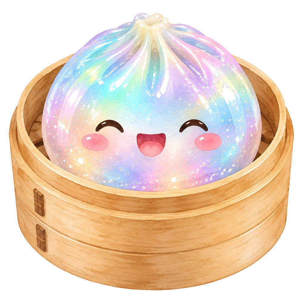pastel rainbow, iridescent, gradient, ombre, kawaii, cute character, smiling face, happy expression, magical, whimsical, fantasy, celestial, sparkly, glittery, shimmering, soft pastels, lavender, baby blue, mint green, pale pink, peach, cream, wooden steamer basket, asian inspired, sweet, playful, children's, nursery, charming, enchanted