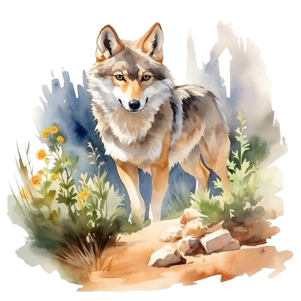 wolf, watercolor style, nature scene, gray wolf, golden yellow, sage green, earth tones, wildflowers, rocky terrain, forest background, wildlife art, fabric panel, quilting cotton, outdoor theme, botanical elements, neutral colors, animal portrait, wilderness scene, soft brushstrokes, natural habitat