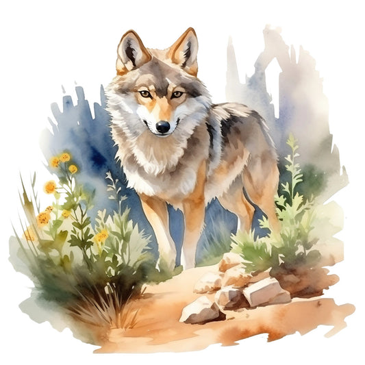wolf, watercolor style, nature scene, gray wolf, golden yellow, sage green, earth tones, wildflowers, rocky terrain, forest background, wildlife art, fabric panel, quilting cotton, outdoor theme, botanical elements, neutral colors, animal portrait, wilderness scene, soft brushstrokes, natural habitat