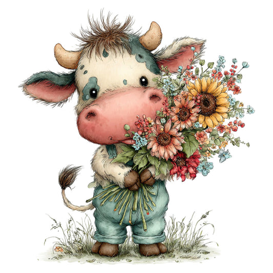 whimsical cow, farmhouse animal, sunflower, floral bouquet, sage green, dusty rose, cream, golden yellow, cottage core, pastoral, sweet animal illustration, adorable cow, wildflower mix, spring flowers, summer pastoral, rustic charm, children's fabric, baby quilt, wall hanging, nursery decor, folk art style, illustrative, nature-inspired, flower-holding character, teal accents, coral pink flowers, blue flowers, vintage botanical, storybook style, gentle whimsy