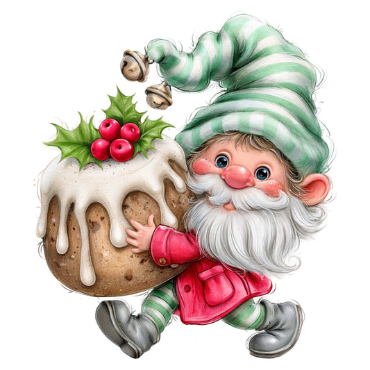 christmas, holiday, santa, gnome, whimsical, festive, red, green, white, cream, candy cane stripe, striped, christmas pudding, holly, berries, vintage, retro, nostalgic, seasonal, winter, traditional, cheerful, children's, kids, decorative, festive character, novelty, cute