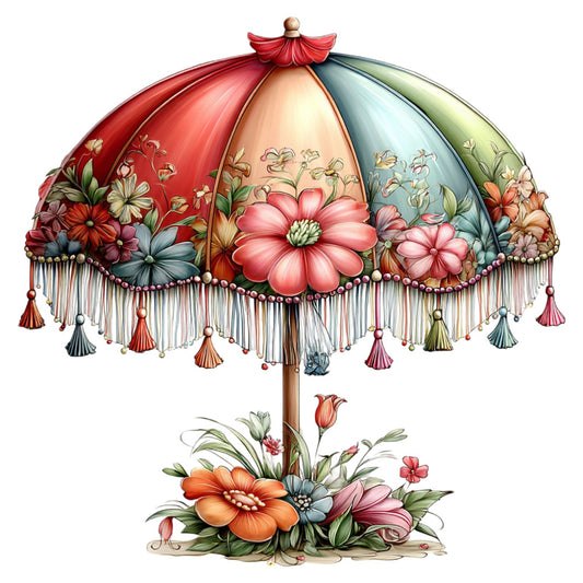 umbrella, parasol, floral, flowers, hot air balloon, whimsical, vintage, botanical, coral pink, dusty rose, cream, sage green, teal blue, red, multi-color, daisies, cosmos, tulips, decorative fringe, tassel, ornamental, spring, summer, nature, garden, romantic, elegant, victorian, feminine