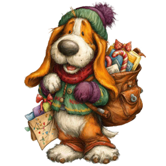 christmas dog, holiday puppy, festive basset hound, forest green, burgundy red, golden orange, cream white, purple, whimsical animals, cheerful character, christmas presents, gift bag, candy canes, holiday theme, winter season, children's illustration, storybook style, vintage holiday, cute dog character, festive clothing, santa sack, christmas decorations, playful expression, traditional holiday, warm colors, holiday spirit, family friendly, seasonal novelty, children's quilt, wall hanging