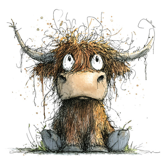 highland cattle, highland cow, farm animals, whimsical animals, rustic farmhouse, brown and cream, tan, ochre, charcoal gray, splash art style, watercolor mixed media, sketchy illustration, expressive eyes, shaggy fur texture, country style, pastoral, nature themed, quirky characters, humorous animals, children's illustration, nursery decor, wall art, decorative panel, animal portrait, folk art, cottage core, hand drawn, artistic rendering, neutral earth tones