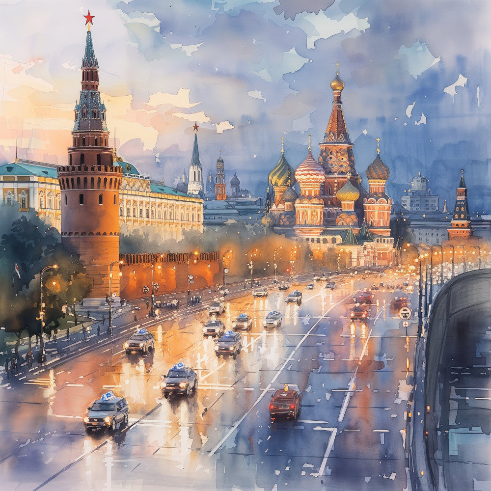 moscow, red square, kremlin, st basil's cathedral, russian architecture, cityscape, urban scene, rainy street, wet pavement, golden hour, sunset, twilight, watercolor, illustration, artistic, elegant, sophisticated, travel themed, european, russian culture, gold, coral, rust red, cream, blue, grey, architectural, landmark, city lights, reflective surfaces
