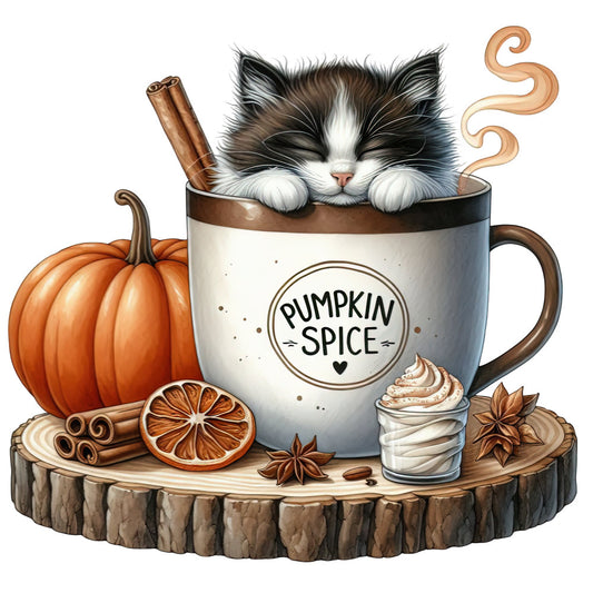 pumpkin spice, cat, kitten, autumn, fall, cozy, rustic, whimsical, pumpkin, cinnamon sticks, star anise, orange, cream, brown, tan, seasonal, harvest, coffee cup, beverage, spiced, warm tones, farmhouse, woodland, animal, cute cat, decorative, home décor, thanksgiving