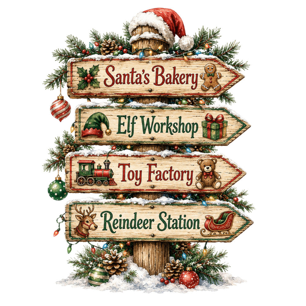 christmas, holiday, santa, north pole, directional signs, wooden signs, red, green, cream, gold, rustic, whimsical, vintage, festive, winter, snow, gingerbread, toy factory, reindeer, elf workshop, bakery, sleigh, holly, pine branches, ornaments, teddy bear, train, traditional, themed, seasonal