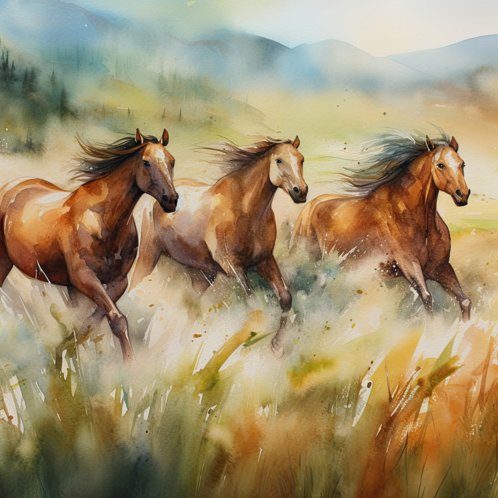 horses, running horses, wild horses, brown horses, chestnut, tan, cream, beige, sage green, soft yellow, misty, watercolor, impressionistic, nature, landscape, mountain scenery, countryside, pastoral, rustic, farmhouse, elegant, flowing manes, windswept, majestic, equestrian, wild west, western, autumn tones, earth tones, wall hanging