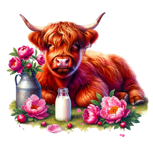 highland cattle, orange, rust, burgundy, coral pink, magenta, floral, peonies, flowers, animals, farmhouse, rustic, whimsical, cottage core, nature, botanical, milk bottle, metal pitcher, spring, summer, garden, pastoral, folk art, vintage inspired, romantic, cheerful, charming, countryside, livestock, boho