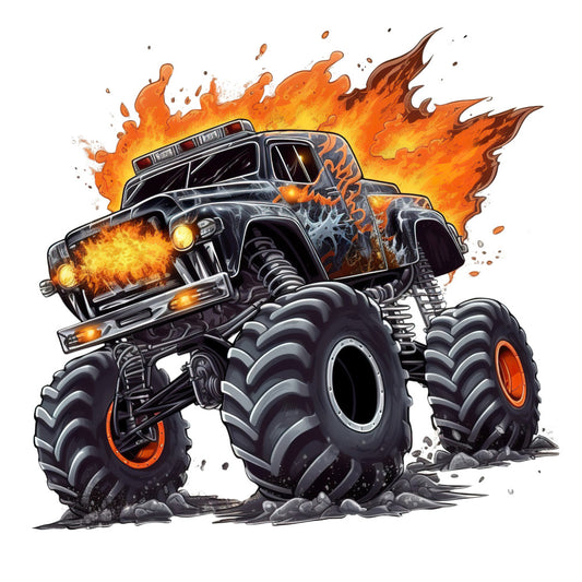 Monster Truck Crushes Fabric Panel 10 featuring a fierce black monster truck with flames and oversized tires bursting through fabric.