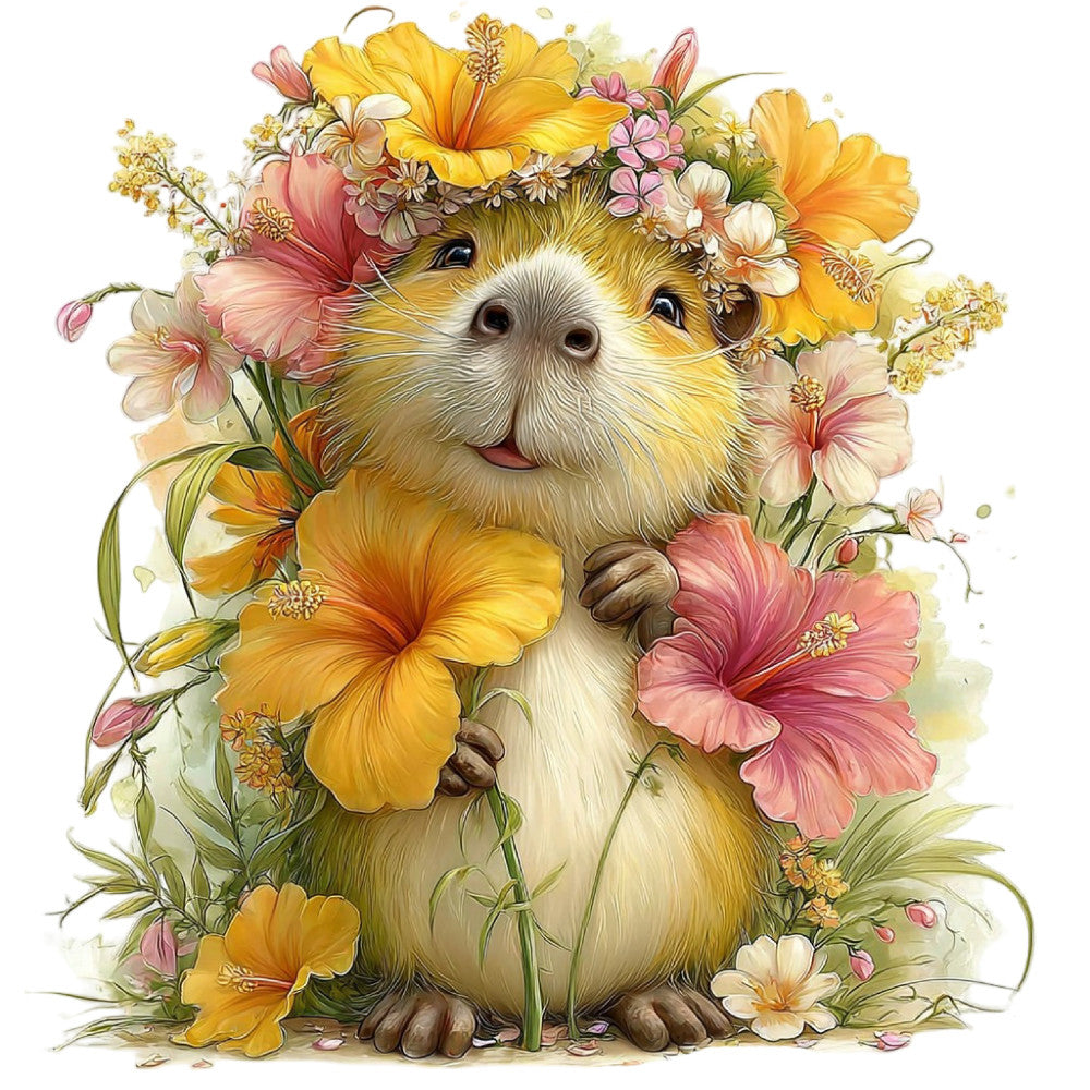guinea pig, floral, animal, cute, whimsical, spring, summer, yellow, coral pink, cream, soft pastel, nature, garden flowers, hibiscus, daisy, small animals, children's, nursery, woodland creatures, gentle, illustrated, watercolor style, botanical, flower crown, cheerful, bright, warm tones, rustic charm, cottage core