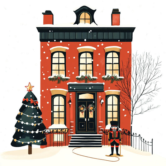 red brick building, christmas, holiday, winter, snow, nutcracker, festive, victorian, traditional, gold star, garland, wreath, door, window, townhouse, nostalgic, vintage, whimsical, cheerful, red, black, gold, cream, bare tree, decorated, seasonal, yuletide, classic, illustration style