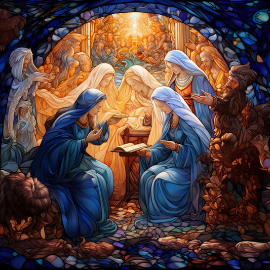 nativity scene, stained glass, fabric panel, religious, christmas, holy family, mary, joseph, baby jesus, angels, shepherds, deep blue, golden yellow, orange glow, purple accents, divine light, manger scene, biblical, spiritual, quilting cotton, holiday fabric, sacred imagery, winter solstice